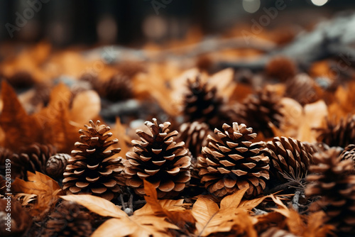 autumn fall pine cones shot in forest