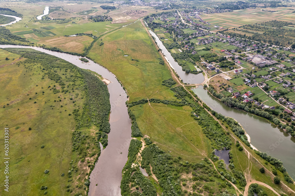 Aerial drone view over Liukhcha village in Rivne region, Ukraine.