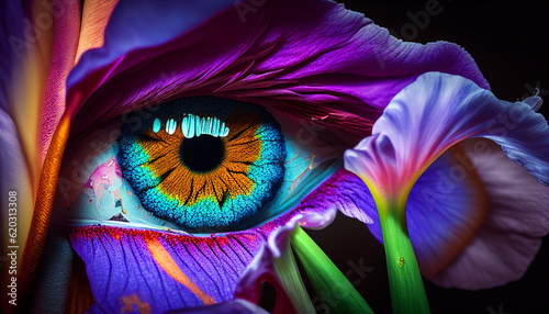 Werbung für Augenoperation Iris und Auge neon Farben mit Pflanzen und Blüten in 4k digital 3d Generative AI  photo