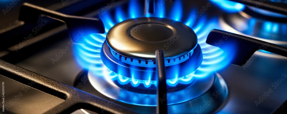 Blue kitchen gas stove flame in kitchen, black cast iron frame near, closeup detail. Generative AI Blue kitchen gas stove flame in kitchen, black cast iron frame near, closeup detail. Generative AI