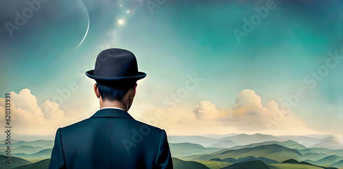 man with bowler hat overlookes dreamy landscape, fantastic scenery with cloudy blue sky and green hills, lost in thought, concept of thinking, view into the distance, past and future, memory, identity