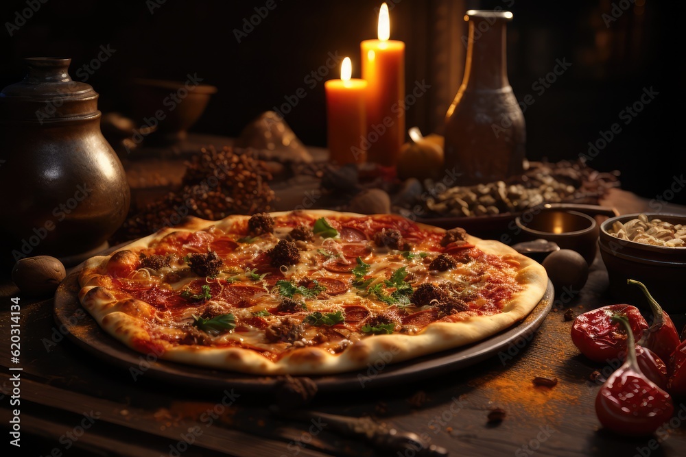 Large pizza with spices on a wooden table