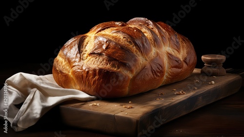 Loaf of bread baked on a wooden surface