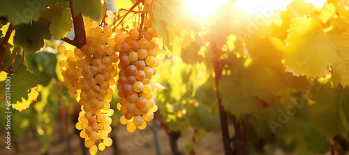 Close up von reife helle Weintrauben an einem Weinstock mit Textfreiraum im Herbst.