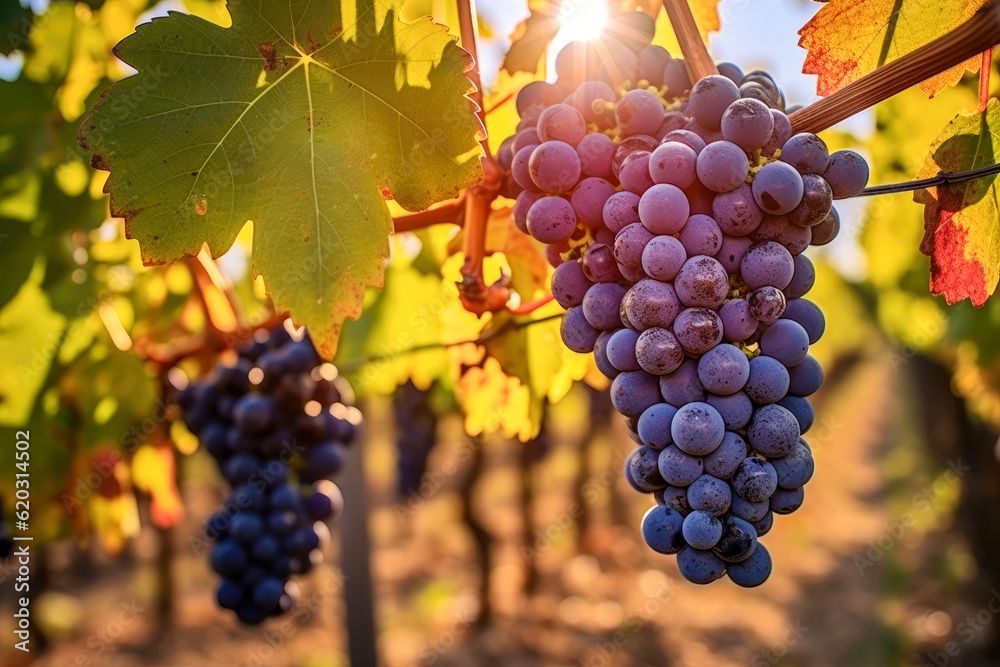 Close up von reife roten Weintrauben an einem Weinstock im Herbst im Sonnenschein.