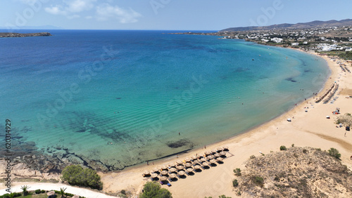 Aerial drone photo of famous for surfers sandy beach of Chrysi Akti or Golden beach with crystal clear emerald sea calm with no wind, Paros island, Cyclades, Greece