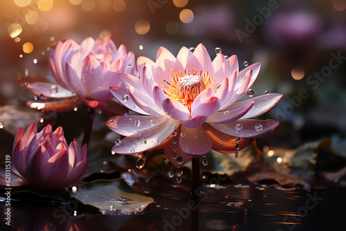 White pure lotus flower with green leaves on still water in sunshine with sparkles and shimmering light. AI generative