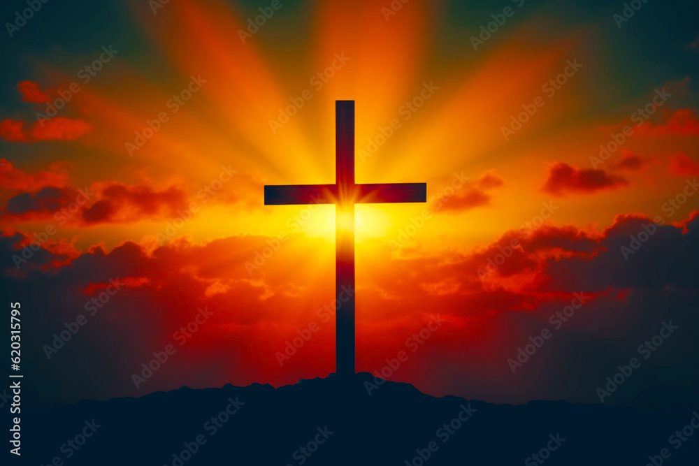 Religious cross on the background of a bright sunset. The concept of religion and faith. Christianity. Generative AI.