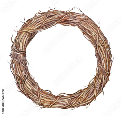 Watercolor hand-painted illustrations of a twig wreath on a transparent background.