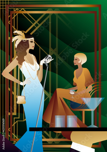 night club with a singer on stage, people drink alcohol. Vector illustration of a live concert in a cafe or restaurant with a singer on stage and alcohol