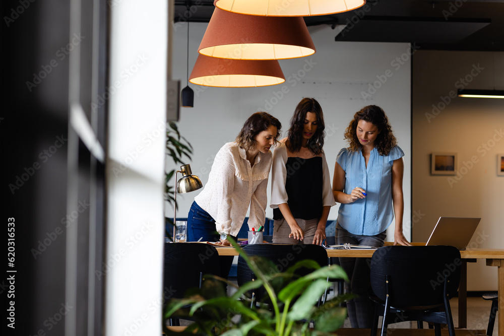 Diverse female colleagues in discussion using laptop in casual office meeting Diverse female colleagues in discussion using laptop in casual office meeting