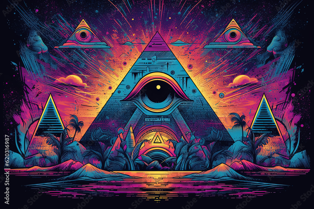 Mystic Illumination: Vibrant Pyramid with Eye Illustration, ai