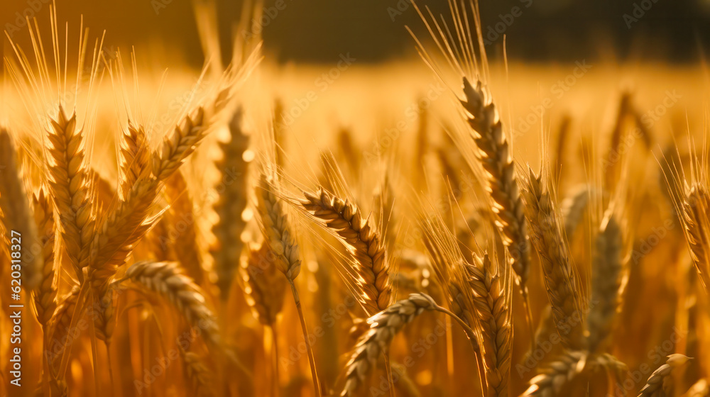 Ears of golden wheat are sealed. Beautiful sunset landscape of nature. Rural landscape under bright sunlight. Background of maturation of ears of meadow wheat field. The concept of a rich harvest Ears of golden wheat are sealed. Beautiful sunset landscape of nature. Rural landscape under bright sunlight. Background of maturation of ears of meadow wheat field. The concept of a rich harvest