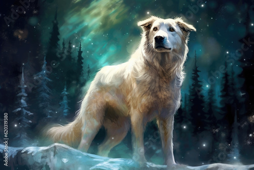 A painting of a dog standing in the snow. Generative AI.