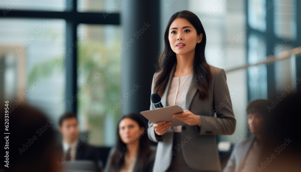 Asian business leader projecting self-confidence and an encouraging outlook during her presentation, influencing and captivating the audience, symbolizing the advancement of women in the workplace.