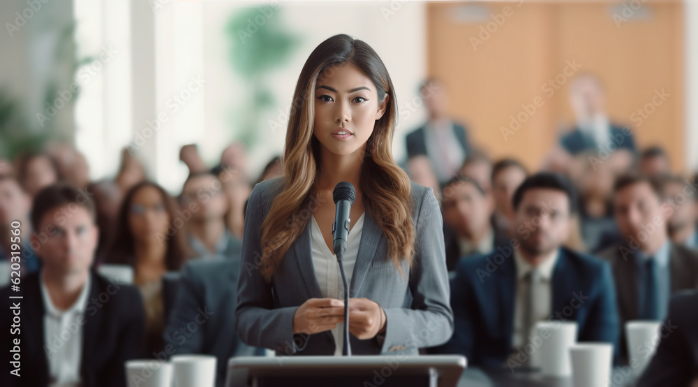 Effective communication: confident Asian woman speaking in public,Empowered woman businesswoman in workplace concept Effective communication: confident Asian woman speaking in public,Empowered woman businesswoman in workplace concept