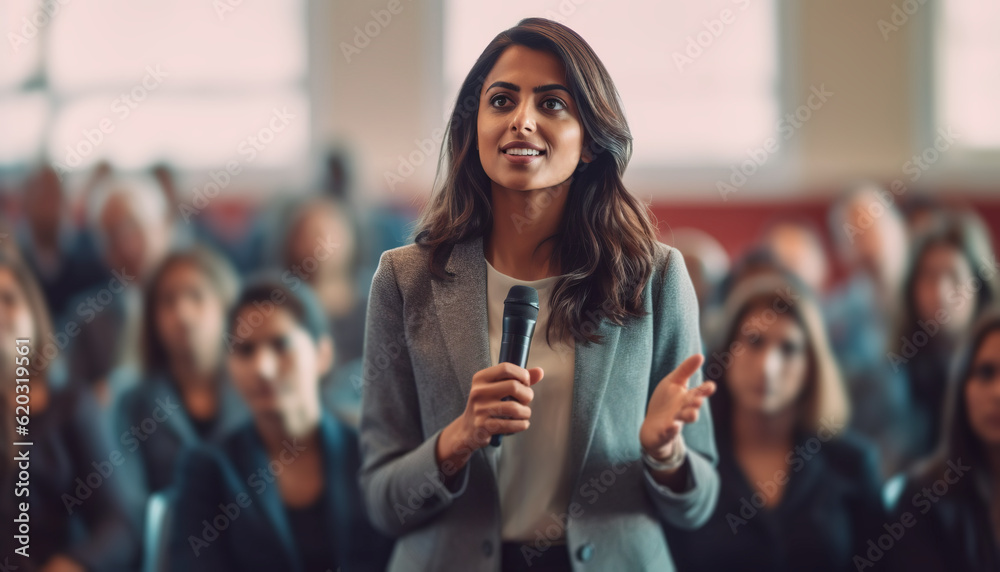 Effective communication: confident Indian woman speaking in public, Empowered business woman in workplace concept