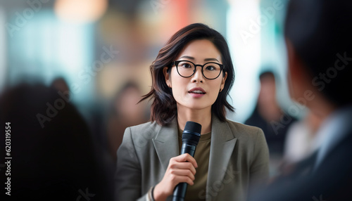 Asian Business woman speaking with a microphone and suit showcases her influence and charisma in a conference room, Empowerment of women in the workplace. concept