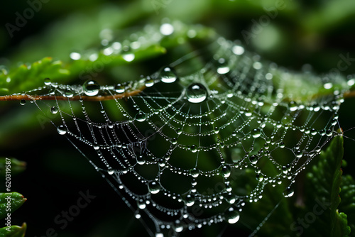 A macro shot of a dew-kissed spider web, glistening in the morning light. Created with Generative AI © Thomas