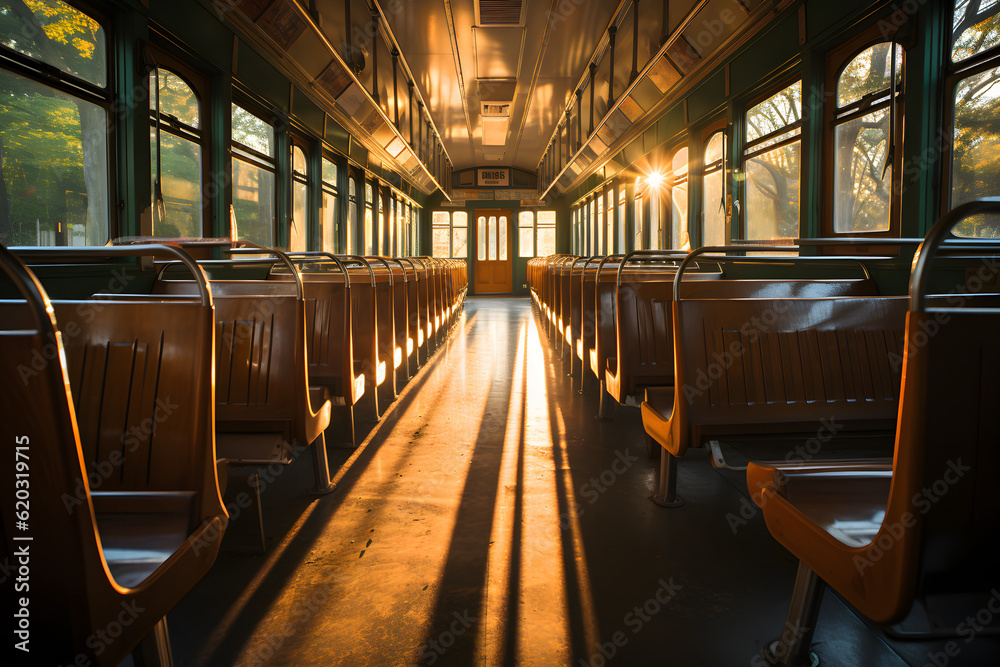 A perspective shot from inside an empty school bus, looking out the open door towards a school building. Sunlight streams in through the windows.
Crated with Generative AI