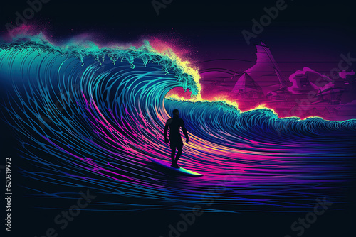 Vibrant Waves: Surfer Illustration in Full Color, ai, photoshop