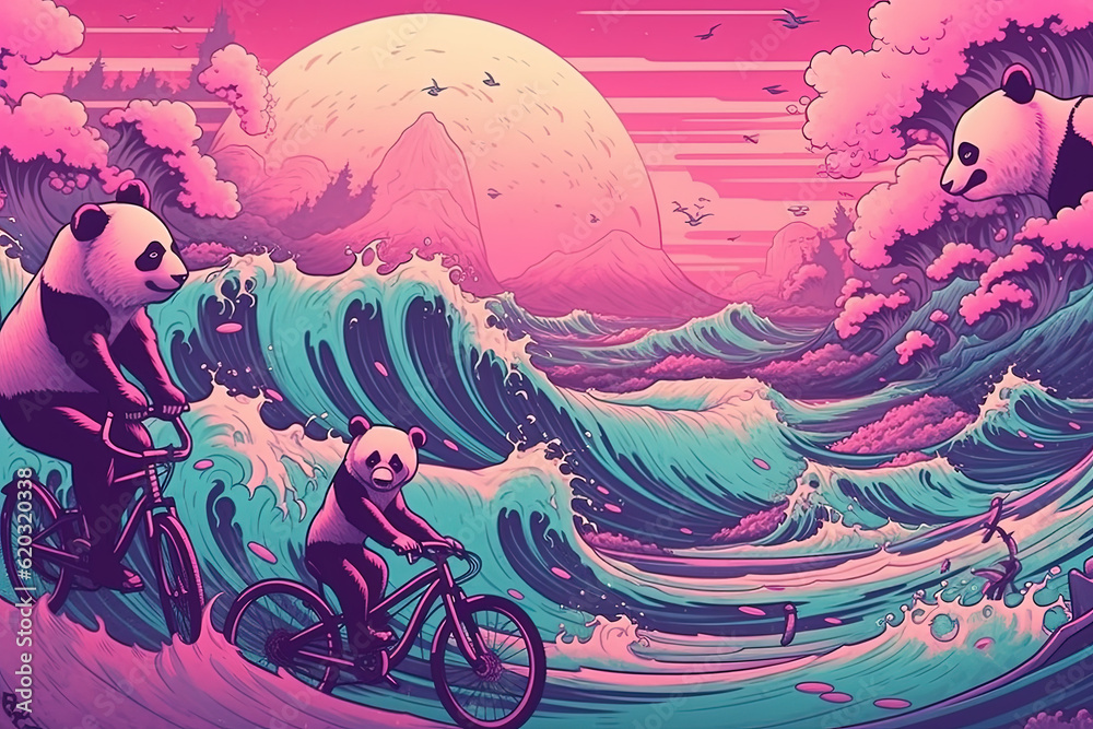 Naklejka premium Synthwave Panda riding a bicycle on the Beach