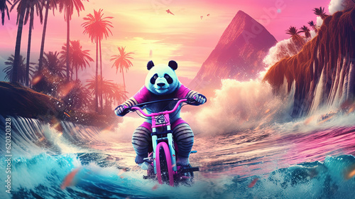 Synthwave Panda riding a bicycle on the Beach photo