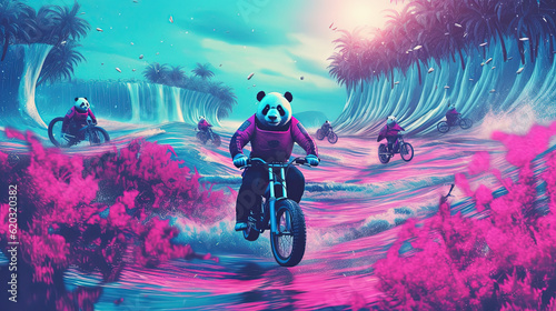 Synthwave Panda riding a bicycle on the Beach photo