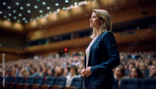 Female business leadership: a confident speaker in a full auditorium