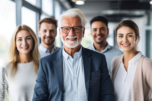 A close-up of a multigenerational business team, with members displaying positive body language and active engagement Generative AI