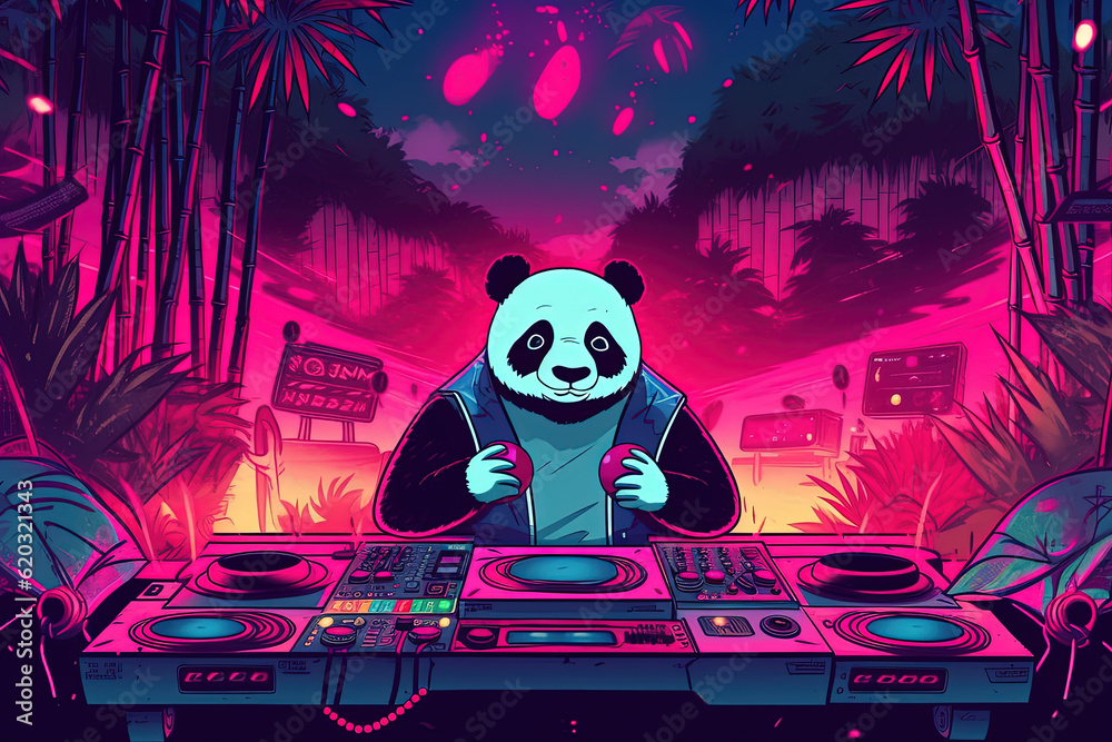 Synthwave Grooves: Panda DJ in Retro-Futuristic Illustration Synthwave Grooves: Panda DJ in Retro-Futuristic Illustration