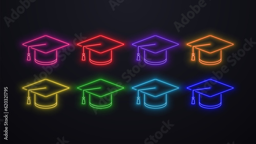 A set of neon 3D icons with academic hats in colors: green, blue, orange, red, yellow, pink and purple on a black background. Logos on the topic of education.