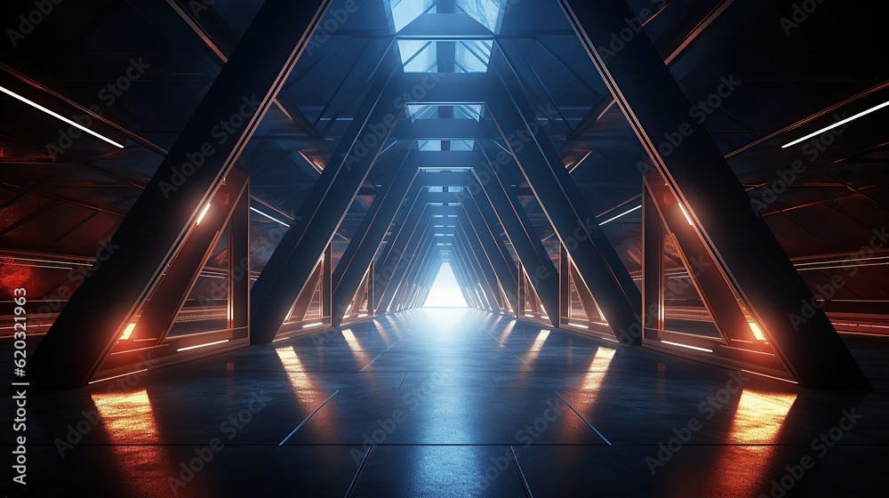 Abstract triangle spaceship corridor futuristic tunnel with light AI, Generative AI, Gene Abstract triangle spaceship corridor futuristic tunnel with light AI, Generative AI, Gene