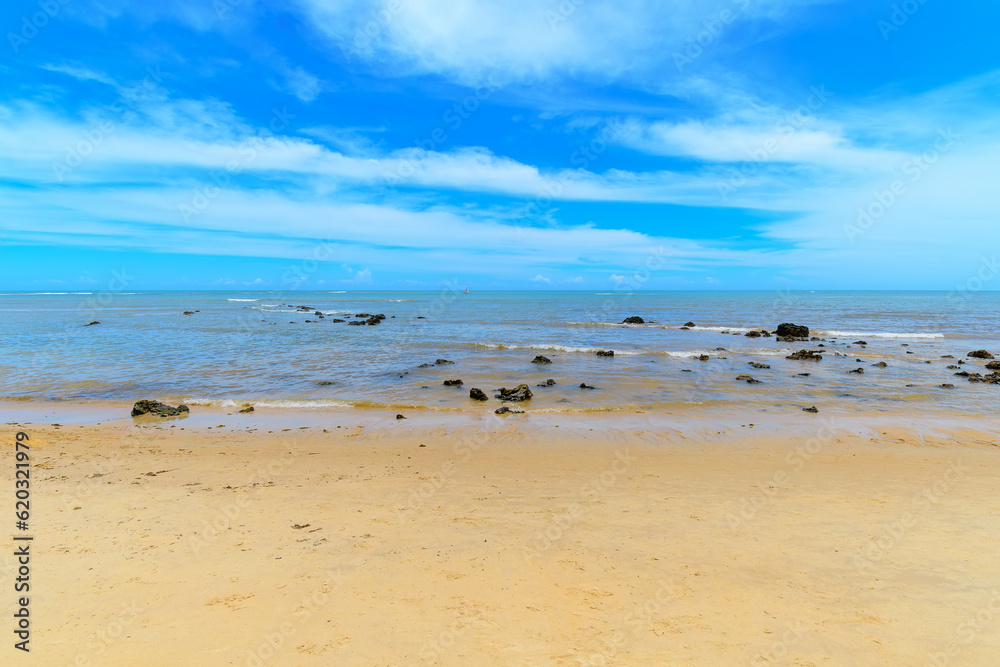 The landscape of Espelho Beach, a tropical beauty of the Brazilian coast of Bahia state. A famous tourist destination of Porto Seguro.