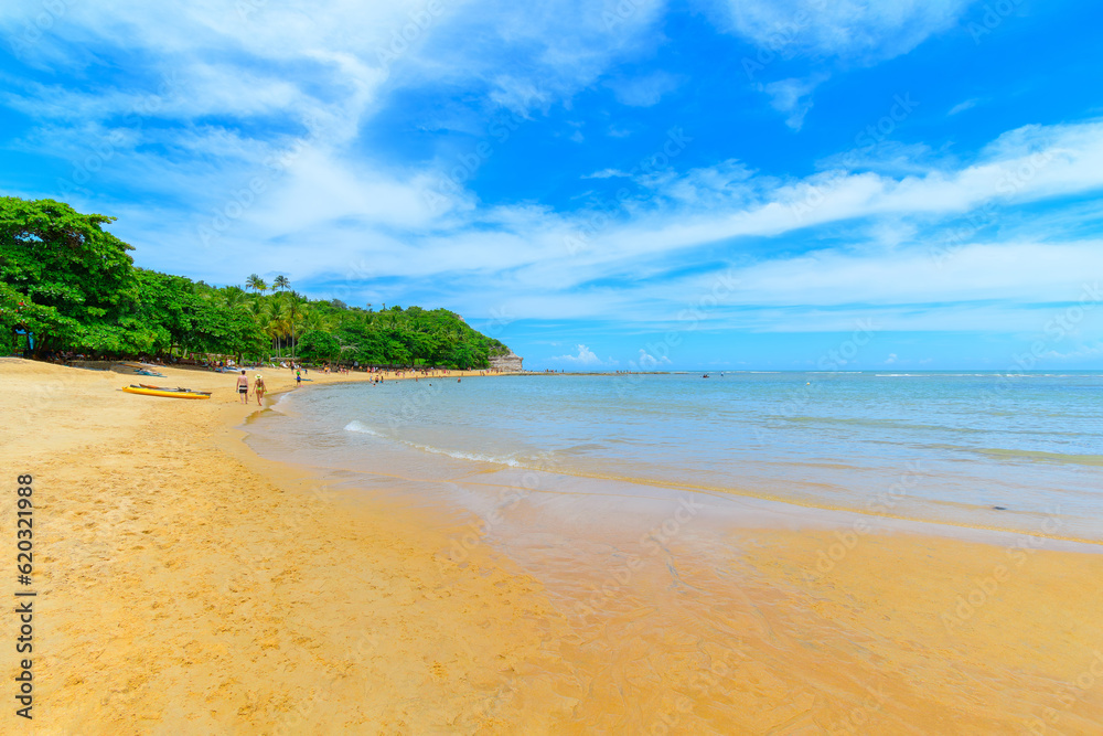 View of Espelho Beach, a famous tourist destination of the coast of Porto Seguro, Bahia state, Brazil.