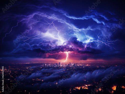 purple electric storm over city