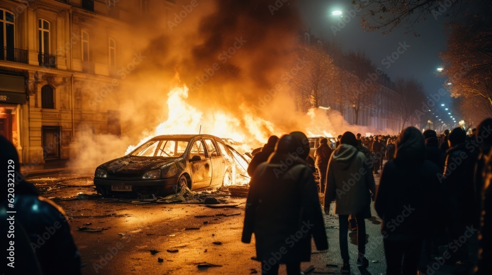 Riots, protesters burn cars. Illustration AI Generative.