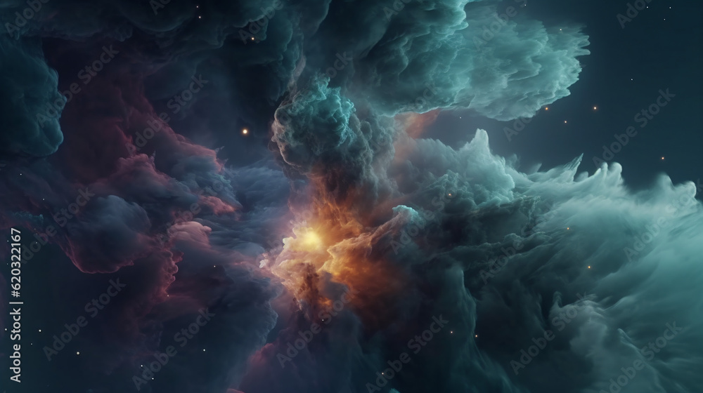 A colorful smoke-filled cloud with stars shining through Generative Ai A colorful smoke-filled cloud with stars shining through Generative Ai