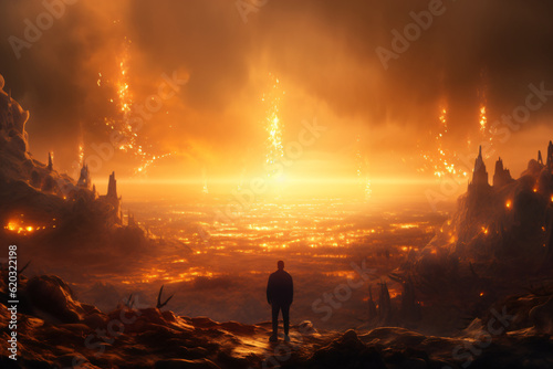 A man standing in awe of a breathtaking post-apocalyptic scene with flames Generative Ai