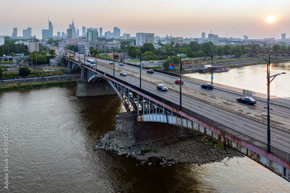 Aerial view of Warsaw city center during sunset