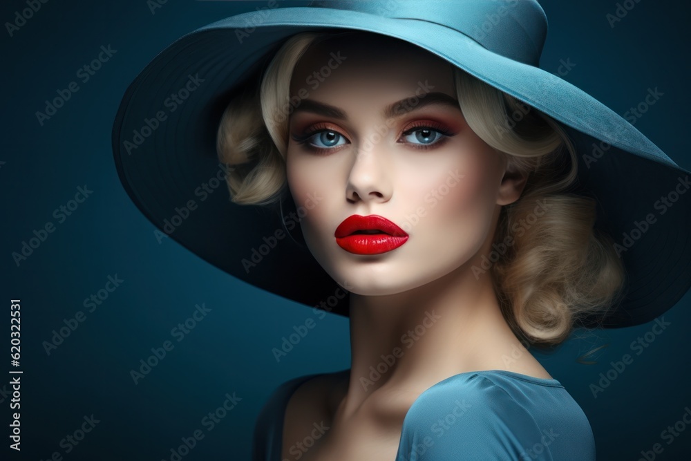Woman in blue hat. Illustration AI Generative. Woman in blue hat. Illustration AI Generative.