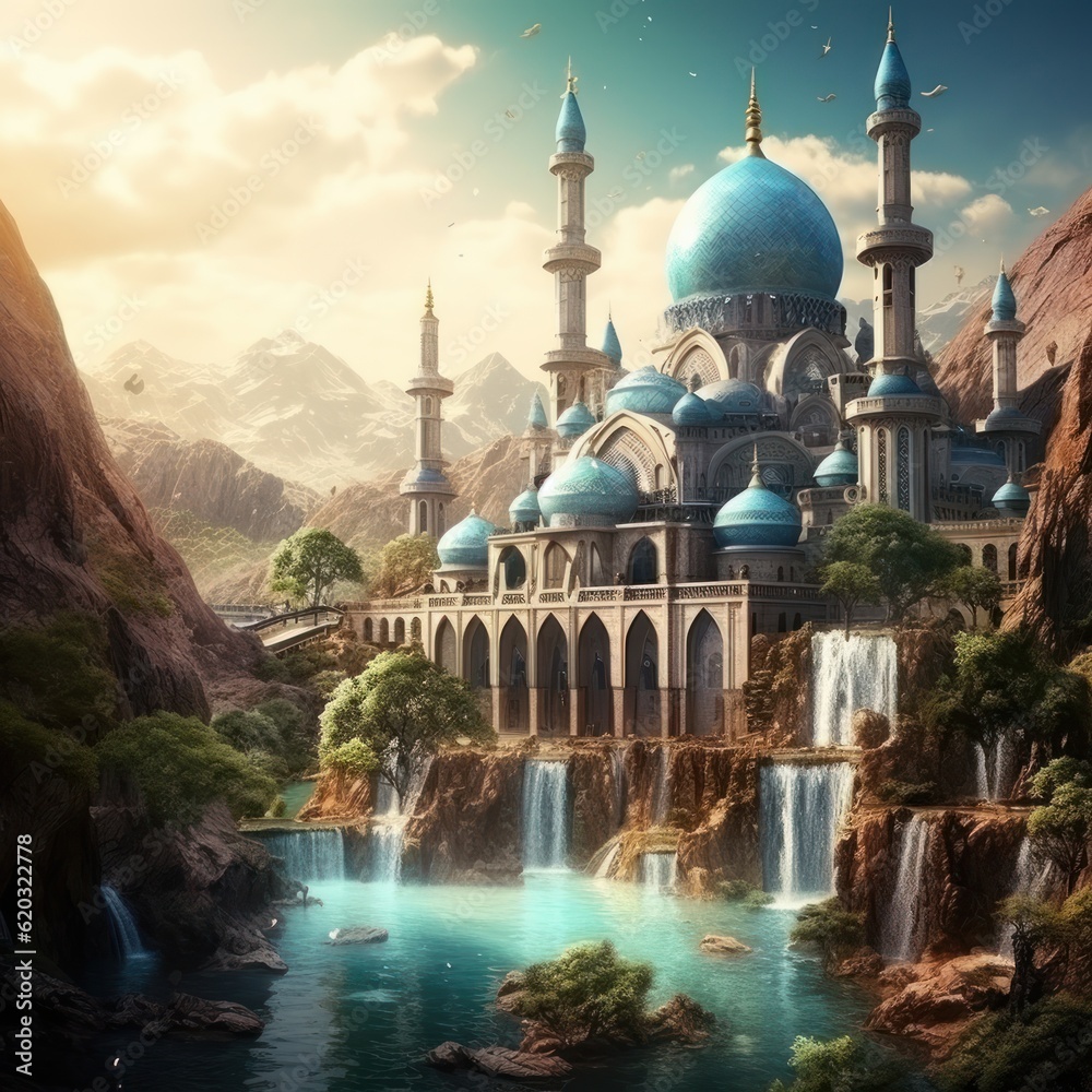 Naklejka premium Muslim mosque and waterfall, Illustration AI Generative.