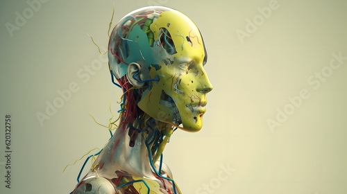 Techno Elegance: A Realistic Robotic Man Bathed in Yellow, Red, Blue, and Green Hues, Harmoniously Blending Human Anatomy and Serene Facial Features with Futuristic Design photo
