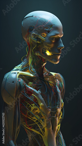 Techno Elegance: A Realistic Robotic Man Bathed in Yellow, Red, Blue, and Green Hues, Harmoniously Blending Human Anatomy and Serene Facial Features with Futuristic Design photo