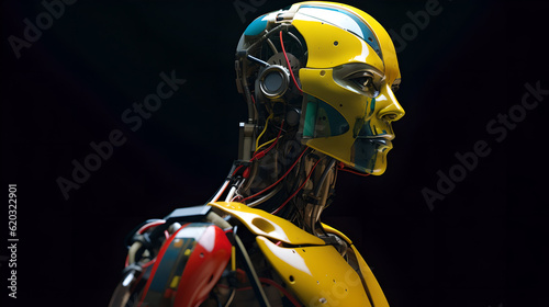 Techno Elegance: A Realistic Robotic Man Bathed in Yellow, Red, Blue, and Green Hues, Harmoniously Blending Human Anatomy and Serene Facial Features with Futuristic Design photo