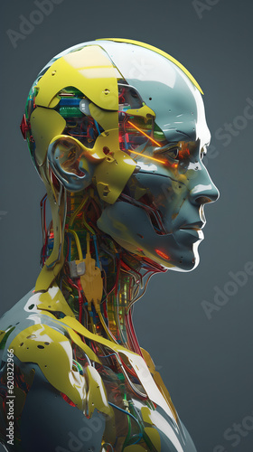 Techno Elegance: A Realistic Robotic Man Bathed in Yellow, Red, Blue, and Green Hues, Harmoniously Blending Human Anatomy and Serene Facial Features with Futuristic Design photo