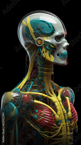 Techno Elegance: A Realistic Robotic Man Bathed in Yellow, Red, Blue, and Green Hues, Harmoniously Blending Human Anatomy and Serene Facial Features with Futuristic Design photo