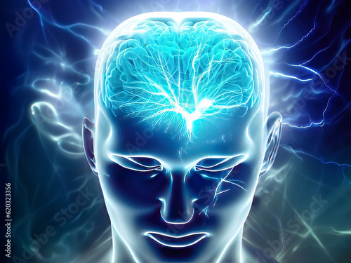 Explore an awe-inspiring digital illustration of the human brain, showcasing captivating electrical activity with flashes and lightning on a captivating blue background. This SEO-optimized stock photo