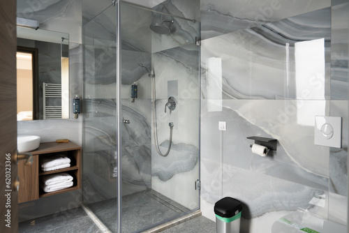 Fotografering interior of a hotel bathroom, furniture, sink, shower