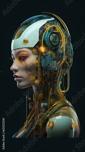 Femme Machina: An Elegant Realistic Robotic Woman Painted in Yellow, Red, Blue, and Green, Mirroring Human Anatomy and Serene Facial Expressions with an Underpinning of Technological Design photo